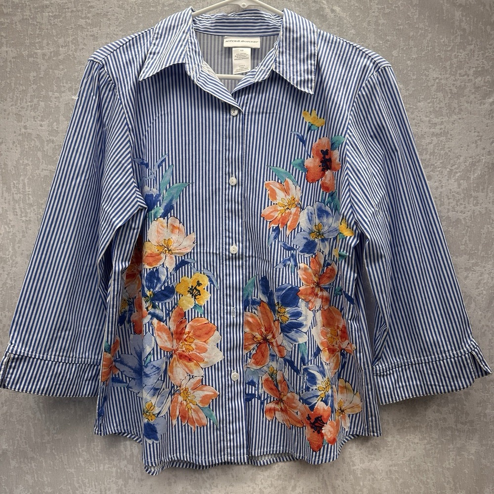 Alfred Dunner Floral Stripe Button Down Shirt Size 10 Blue Cotton Blouse Casual - Picture 2 of 13